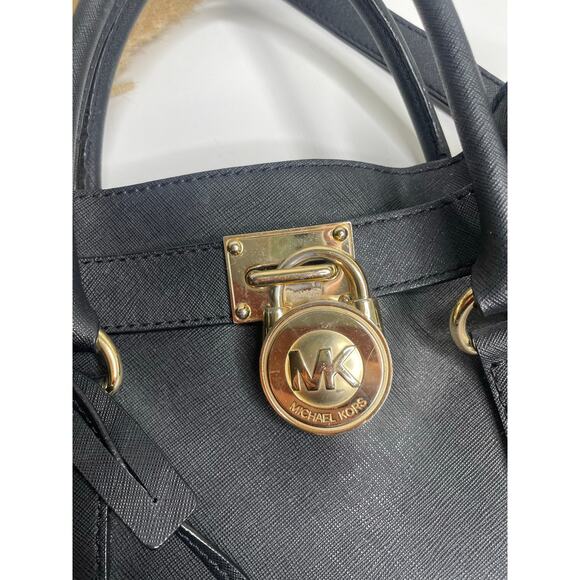 Michael Kors Hamilton Black Leather Satchel Shoulder Bag Tote Bag Gold Chain - Picture 5 of 13